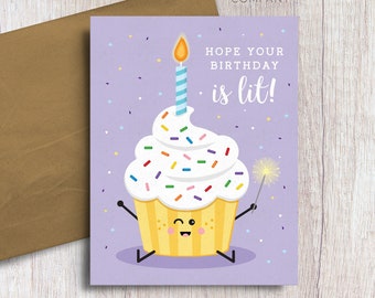 I Hope Your Birthday is Lit Cupcake Cake Candle Food Pun Birthday Card