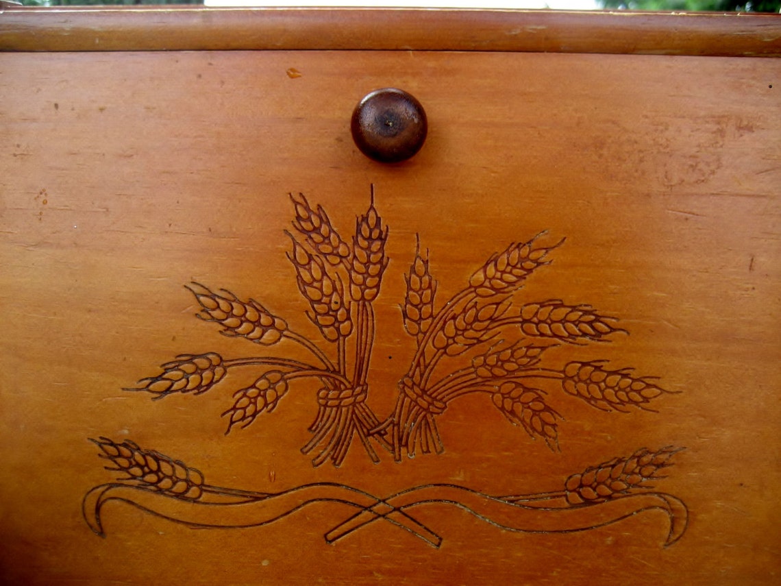Amish Motif Vintage Wood Bread Box with Carved Wheat Detail Etsy