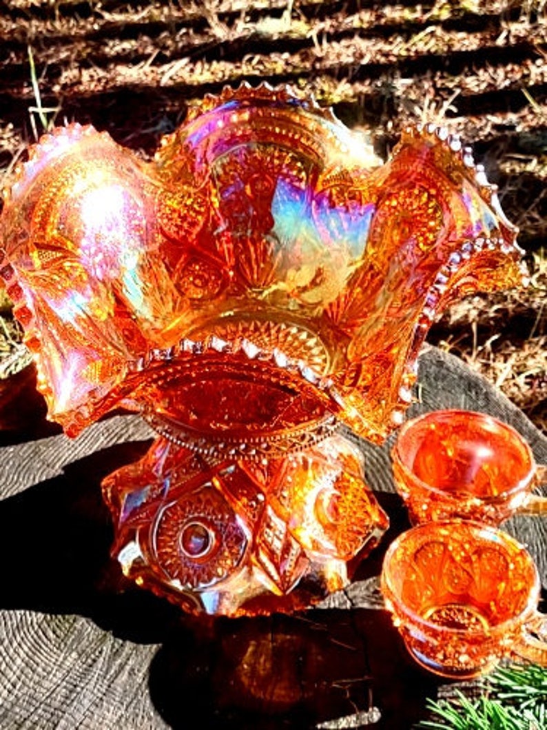 RARE 1915 Imperial Glass Company Ohio Fashion Marigold Punch Bowl Set