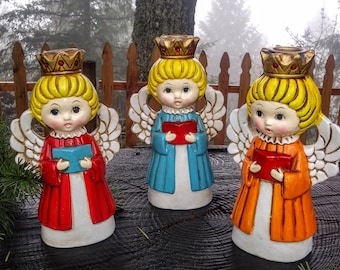 Set of 3 Homeco Christmas Caroler Angel Candle Holders - #5256 - Chalkware Angels