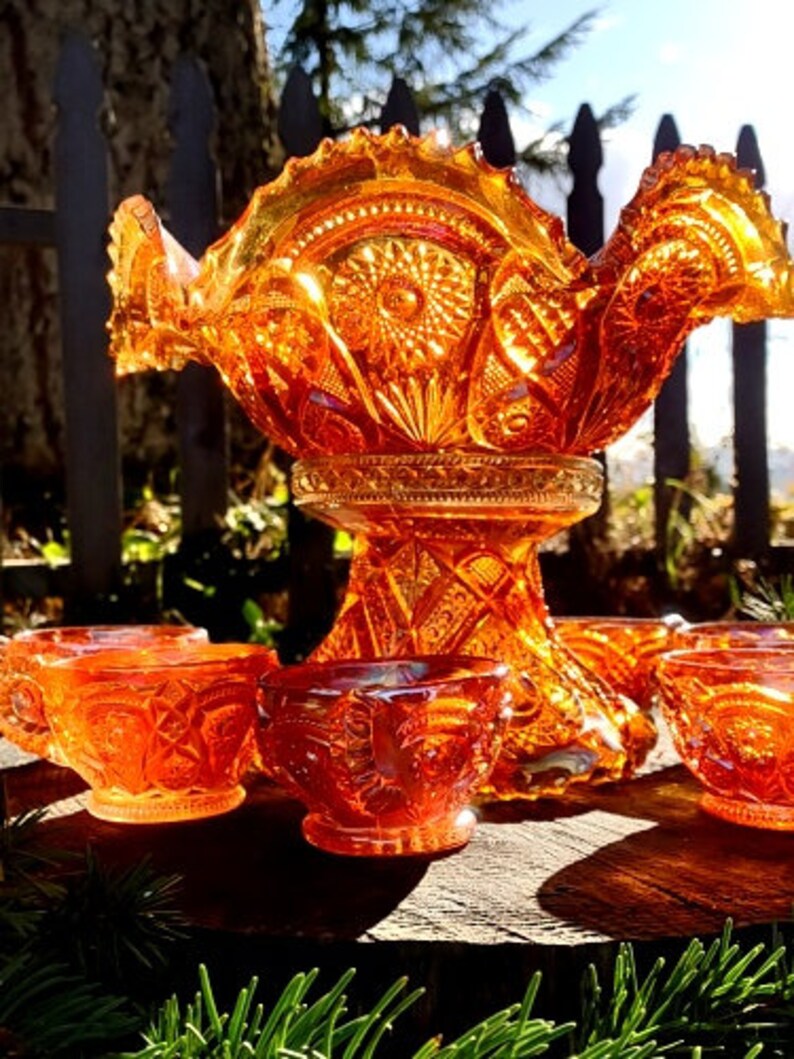 RARE 1915 Imperial Glass Company Ohio Fashion Marigold Punch Bowl Set