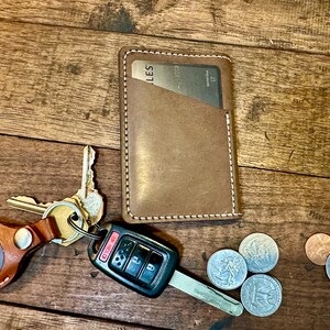 May include: A brown leather cardholder with white stitching, a credit card partially visible in the pocket, keys, and loose change on a wooden surface. The keys include a car key and a key fob.