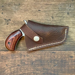 Op de afbeelding: Een klein, zilveren revolver met een bruin houten handvat zit in een bruine leren holster met een witte knop.