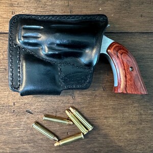 Tourbon Brown Leather Pocket Holster With Ammo Pouch – Fits .22 Mag Mini Revolvers & 22 LR (Right Hand, OWB/Belt Carry)