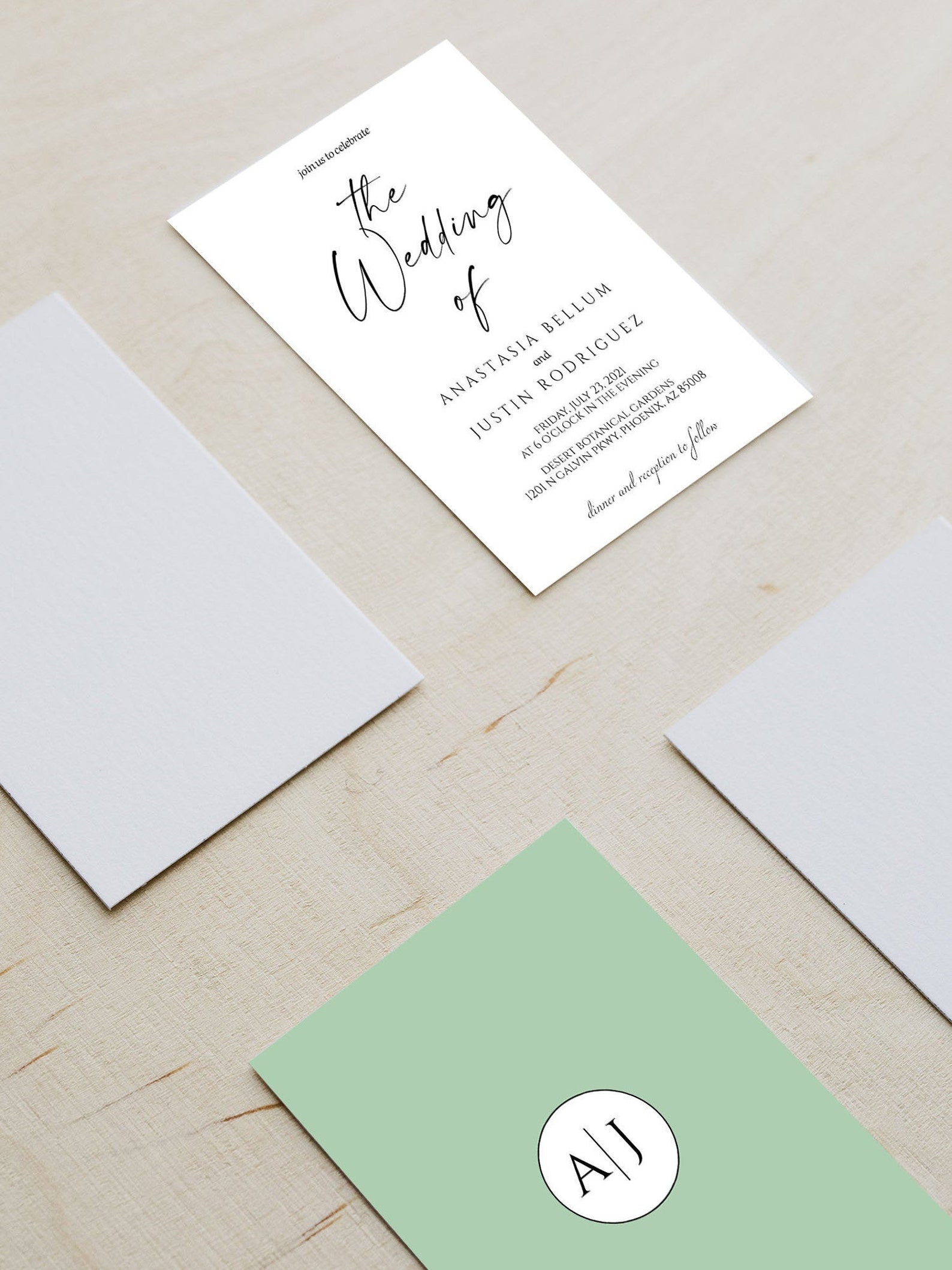 5x7 Wedding Invitation 2 Sided White Black Green Back Etsy