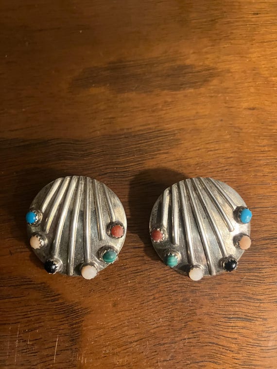 Silver seashell multi-color stone post earrings - image 1