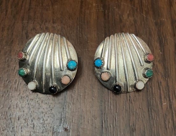 Silver seashell multi-color stone post earrings - image 2