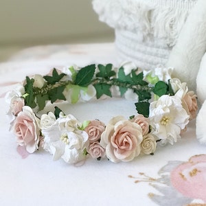 Blush and ivory flower crown for babies, children, and adults — perfect for baptisms, flower girls, and newborn photos