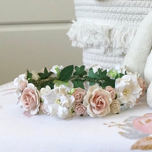 Handcrafted mulberry paper roses with soft greenery arranged into a lightweight heirloom halo