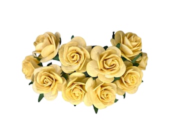 50 flores de papel de morera amarilla - 1 pulgada - rosas de papel de morera - mini flores de papel, rosas abiertas, rosas artesanales, flores artificiales