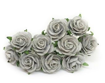 50 Grey Mulberry Paper Flowers - 1 inch - Mulberry Paper Roses - Mini Paper Flowers, Open Roses, Roses, Artificial Flowers