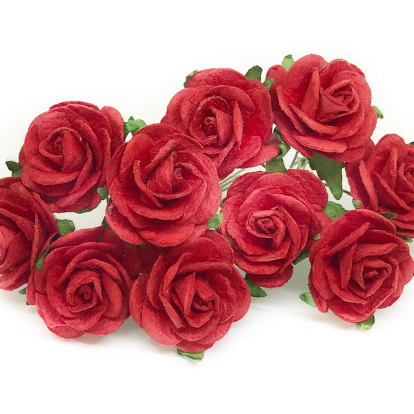 50 fleurs en papier mûrier rouge - 2,5 cm - roses en papier mûrier - mini fleurs en papier, roses ouvertes, roses, fleurs artificielles