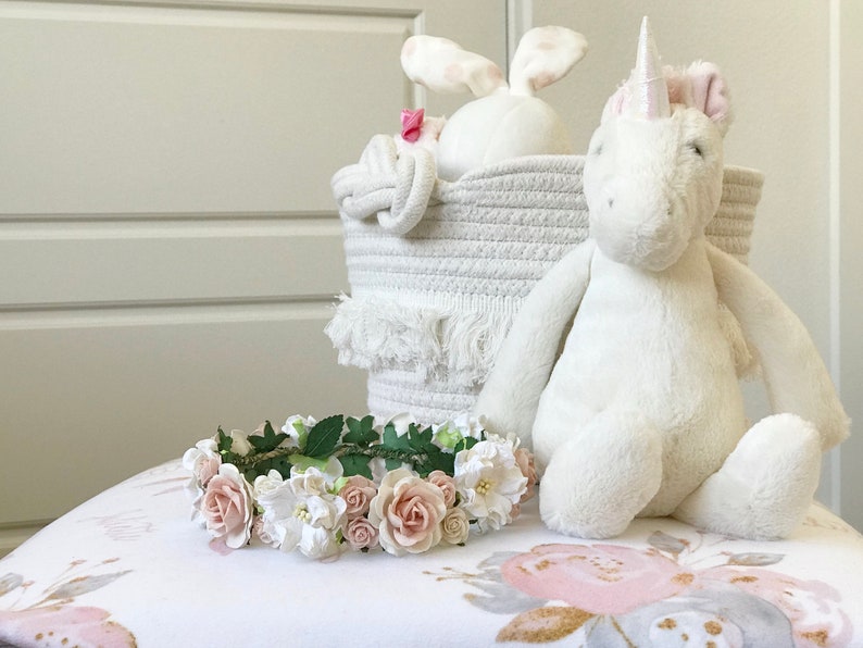 Handcrafted mulberry paper roses with soft greenery arranged into a lightweight heirloom halo