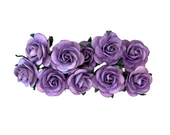 50 flores de papel de morera púrpura - 1 pulgada - rosas de papel de morera - mini flores de papel, rosas abiertas, rosas artesanales, flores artificiales