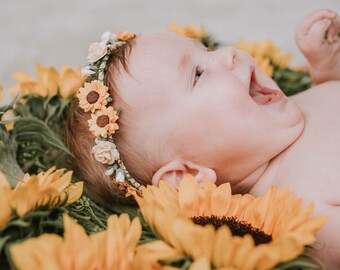 Sunflower Headband Baby, Baby Flower Crown, Flower Crown Baby, Floral Headpiece, Flower Girl Headpiece, Boho Flower Crown, Baby Floral Crown