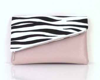 Clutch - Clutch Bag - Leather and Fabric Fold over Clutch Bag - Black and White with Pink Leather