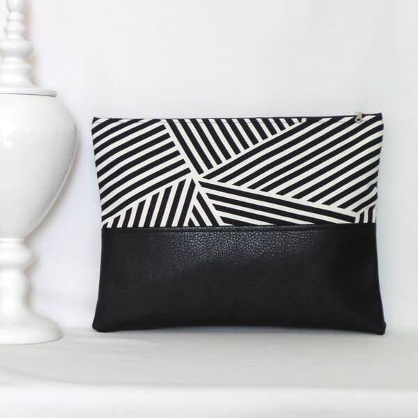 Large Clutch / Oversized Clutch Bag / Fold over Clutch Bag /  Clutch Bag / Clutch Purse  / Handbag / Purse/ Black and White