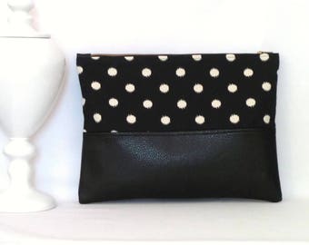 Clutch Bag - Large Oversize Fold over Fabric and Leather Clutch Bag -  Black and White Ikat Dot with Black Faux  Calf Leather