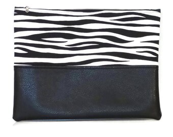 Clutch Bag - Large Oversize Fold over Fabric and Leather Clutch Bag - Black and White with Black Leather