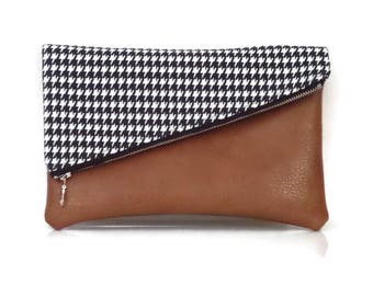 Clutch - Clutch Bag - Leather and Fabric Fold over Clutch Bag - Black and White with Tan Leather