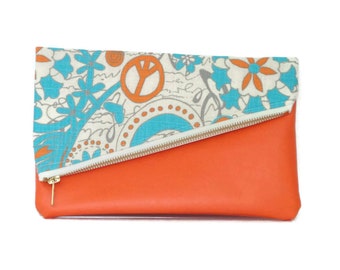 Clutch - Clutch Bag - Leather Fold over Clutch Bag - Orange and Teal