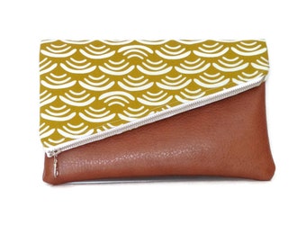 Clutch - Clutch Bag - Leather and Fabric Fold over Clutch Bag - Olive and Natural with Tan Leather