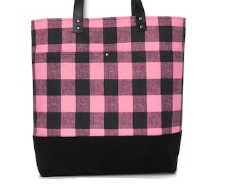 Tote Bag- Canvas Tote Bag - Black and Pink Check with Black Waxed Canvas bottom