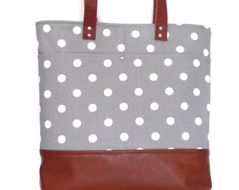 Tote Bag- Canvas Tote Bag - Gray Polka Dot with Brown Leather
