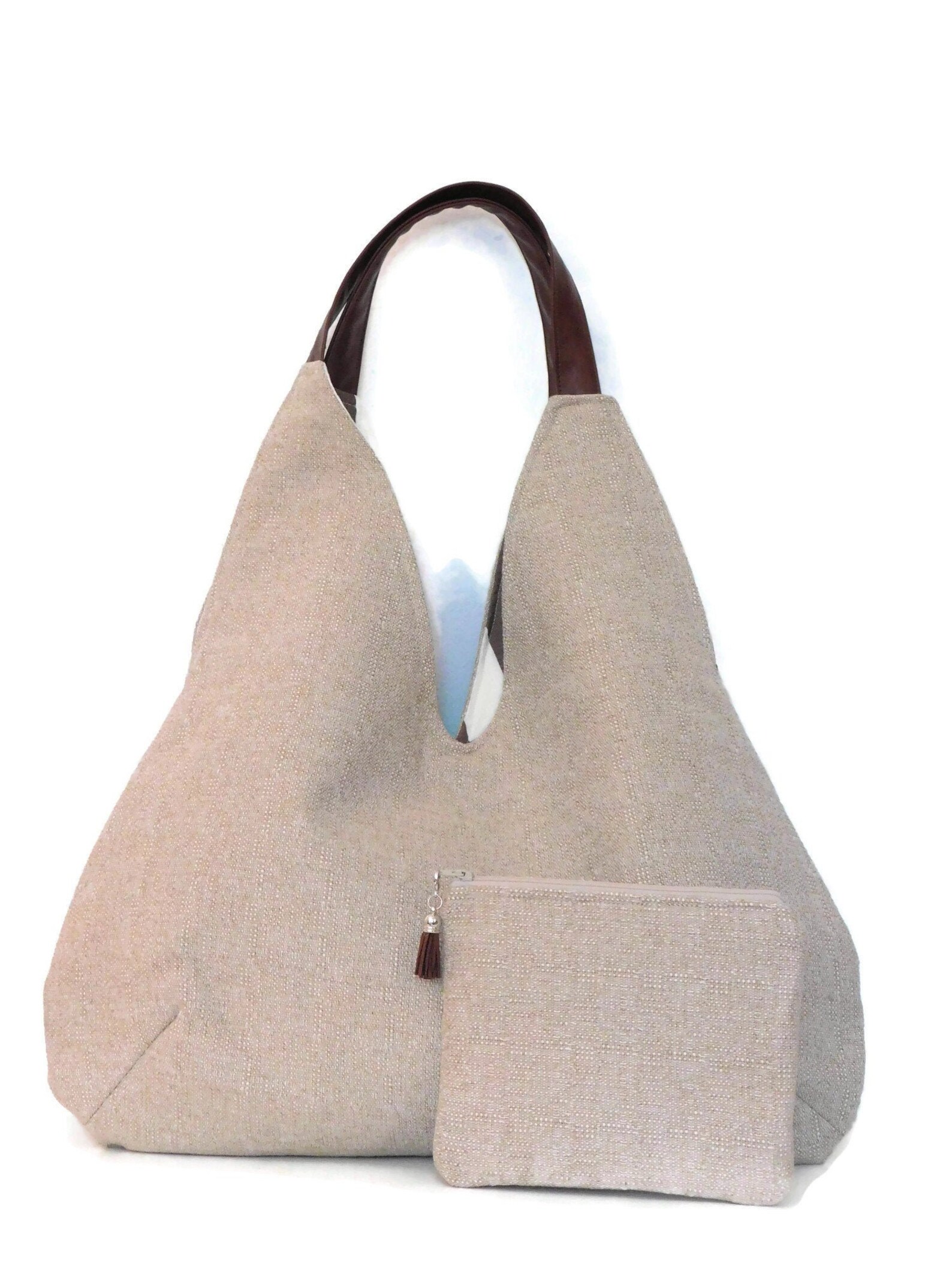 Hobo Bag Shoulder Bag With Matching Zipper Pouch Beige Linen - Etsy