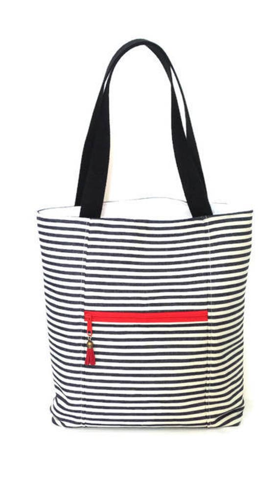 striped tote bag with zipper