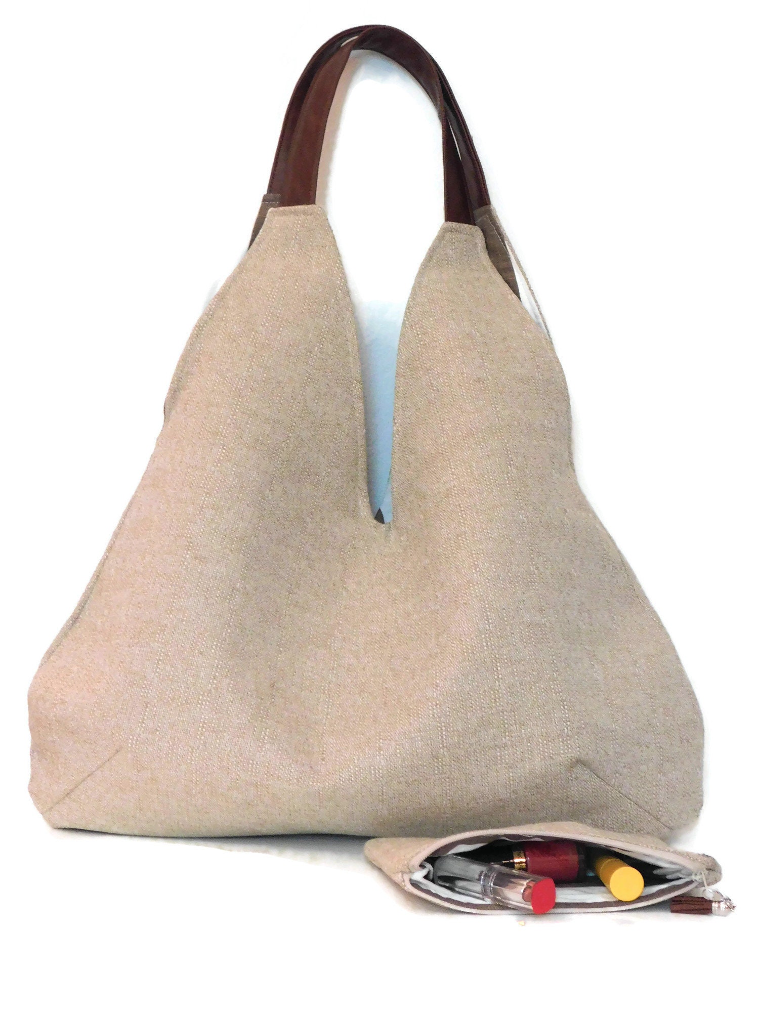 Hobo Bag Shoulder Bag With Matching Zipper Pouch Beige Linen - Etsy