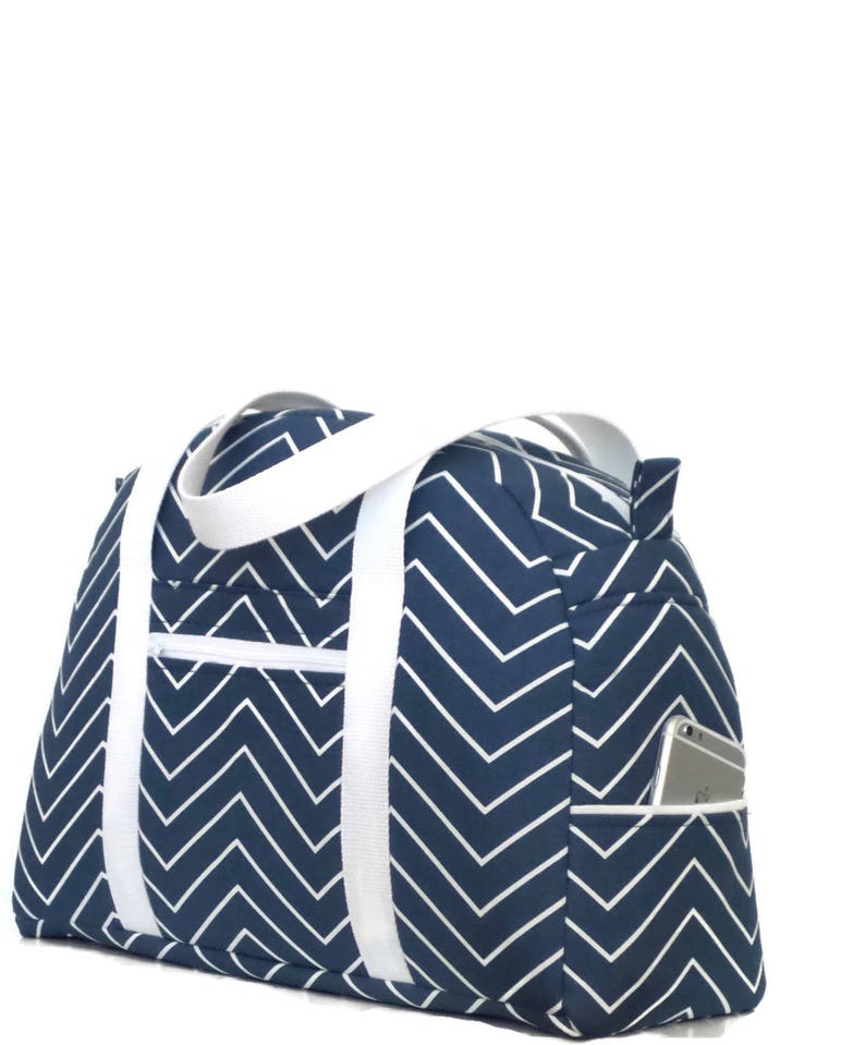 Tote Bag Carry on Bag Diaper Bag Gym Bag Weekend Bag Overnignt Bag Weekender Travel Bag Navy Blue and White