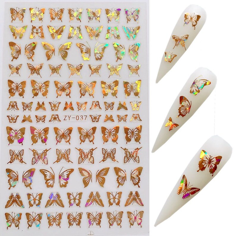 1pc Nail Art Laser Gold and Silver Color Butterfly Sticker Spring Summer Butterfly Designs Manicure ZY ZY037 Gold