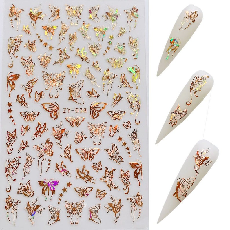 1pc Nail Art Laser Gold and Silver Color Butterfly Sticker Spring Summer Butterfly Designs Manicure ZY ZY038 Gold