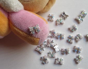 MD-287 5pcs Fancy Metal Charms Pearl and AB Rhinestone Silver Bow Charms Nail Art Decoration Cellphone Decoration