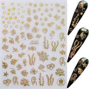 1pc Nail Art Gold Color Sticker Sheet Flame Butterfly Sea Bee Flower Fairy Shapes Adhesive Sticker CB205-213