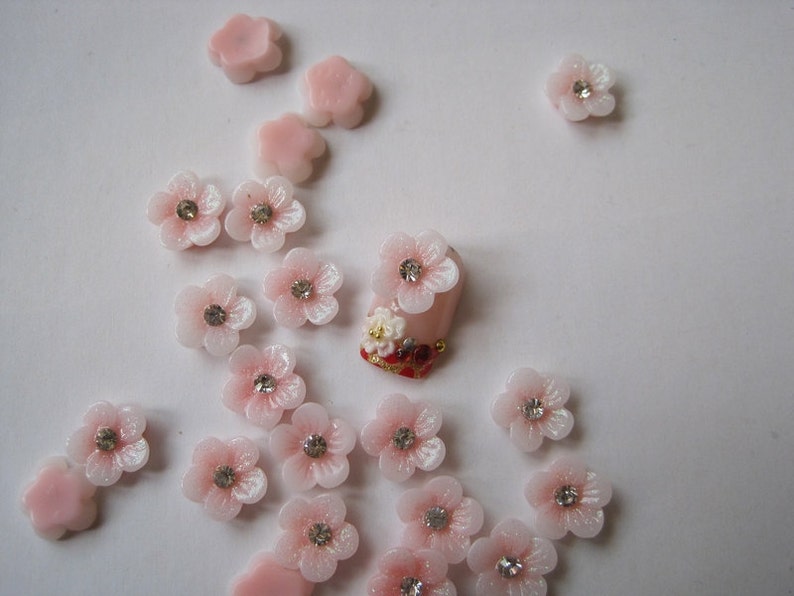 RF10-2 30pcs Cute Nail Art Pink Rhinestone Flower Shape Decoration DIY Nail Art Supply image 1