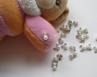 MD-250 5pcs Fancy Metal Charms Crystal Rhinestone Pearl Bow Charms Nail Art Decoration Cellphone Decoration