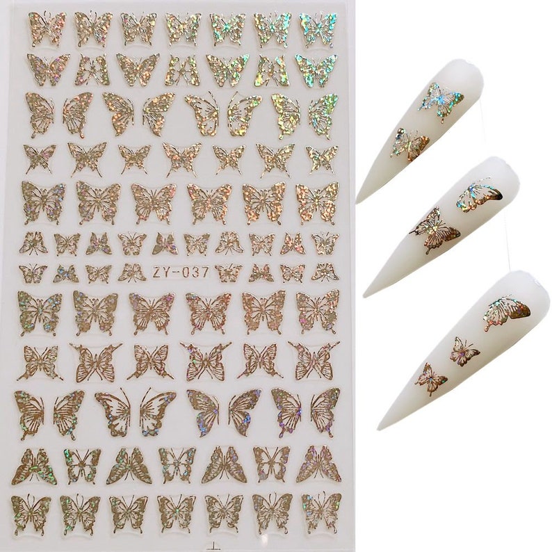 1pc Nail Art Laser Gold and Silver Color Butterfly Sticker Spring Summer Butterfly Designs Manicure ZY ZY037 Silver