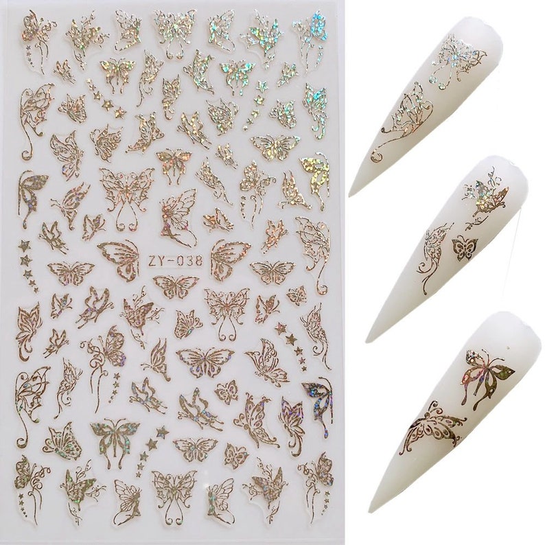 1pc Nail Art Laser Gold and Silver Color Butterfly Sticker Spring Summer Butterfly Designs Manicure ZY ZY038 Silver