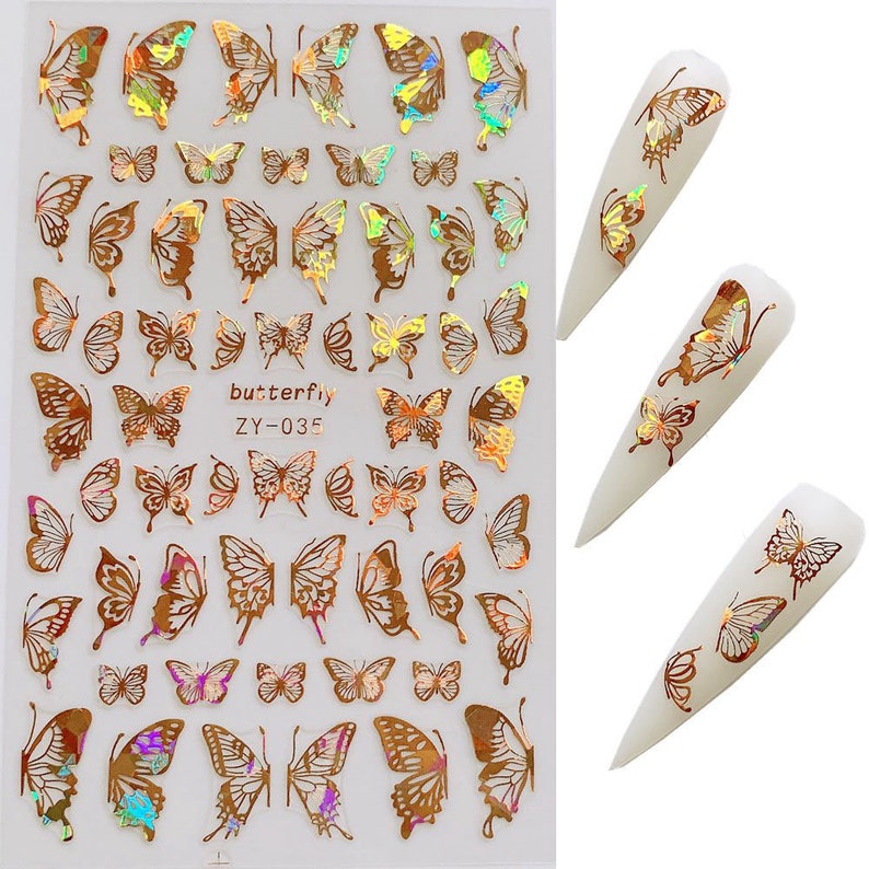 1pc Nail Art Laser Gold and Silver Color Butterfly Sticker Spring Summer Butterfly Designs Manicure ZY ZY035 Gold