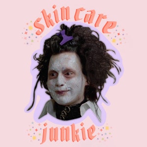 May include: A digital illustration of a man with messy hair and a white face mask. The text "skin care junkie" is written in pink letters around the man's head.