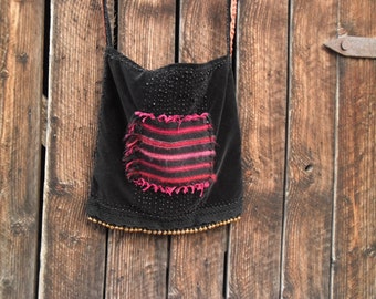 black & bell.. gipsy bag cross body boho bohemian oriental nomad velvet tribal hand woven beaded lace cotton metal bells ring gold burgundy