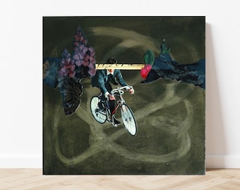 Originalkunst,Collage und Malerei auf Leinwand,Collage/Malerei,Mischtechnik,Kunstwerk B 30 cm x L 30 cm x  T 1,5 cm, Fahrradfahrer,Radfahren