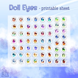 Può includere: Un foglio stampabile con 48 occhi di bambola colorati. Gli occhi sono di varie tonalità di blu, verde, viola, arancione e rosa. Ogni occhio ha un contorno bianco e una pupilla nera.