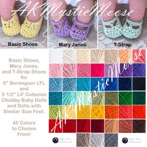 May include: A selection of crocheted doll shoes in yellow, purple, and mint green, including Basic Shoes, Mary Janes, and T-Strap styles. The image also displays a color chart with 45 yarn colors to choose from. Text on the image reads "AK Mystic Moose".