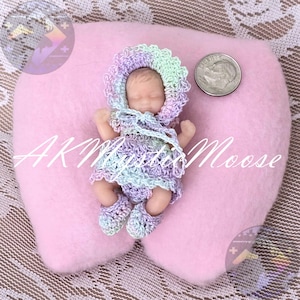 Tiny Crochet Dress & Bonnet Set for 2.5&quot;  Surprise My Baby and Mini Silicone Baby Dolls- Outfit ONLY Doll NOT Included - Easter Pastels
