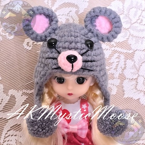 Mini Animal Character Earflap Hat For 5-6in / 13-16cm Head Size - BJD, Berenguer, Reborn Dolls - Doll NOT Included - Mouse