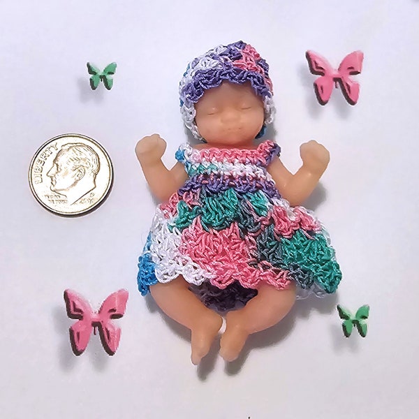 Tiny Crochet Dress & Hat for 2.25" Zuru Surprise My Baby and similar Mini Silicone Baby Dolls - Outfit ONLY - Doll NOT Included - Summer Fun