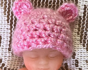 Tiny Crochet Hat with Ears for 2-2.25in/5-5.5cm Head Size -Fits  Surprise & Mini Silicone Dolls - Dolls NOT Included - Choice of Color